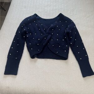 Express Dark Blue V-Neck Sweater with Pearl Details